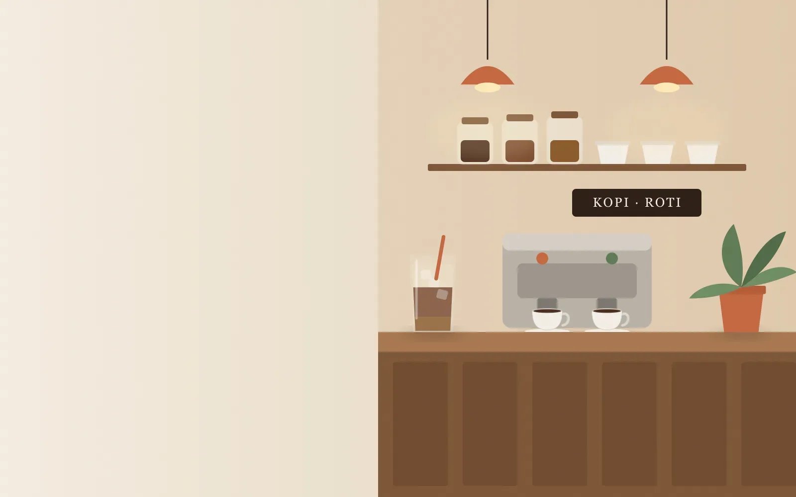 Meja bar kedai kopi kecil: mesin kopi, toples biji kopi, dan segelas es kopi susu