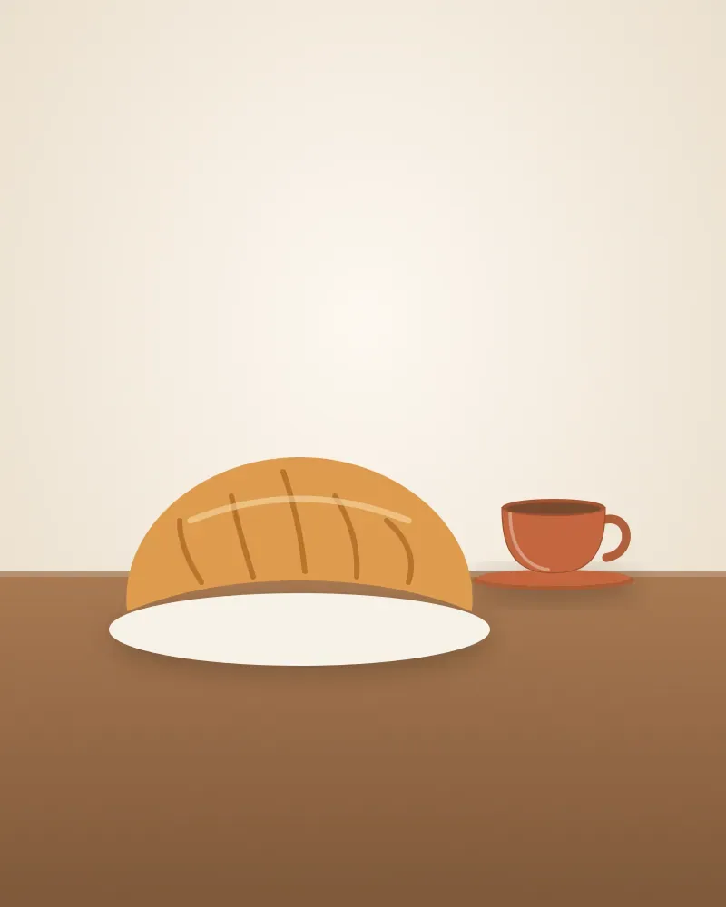 Roti bulat di atas piring kecil, di samping secangkir kopi