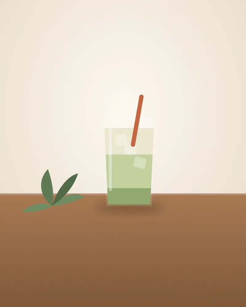 Segelas es kopi pandan berwarna hijau muda di samping daun pandan