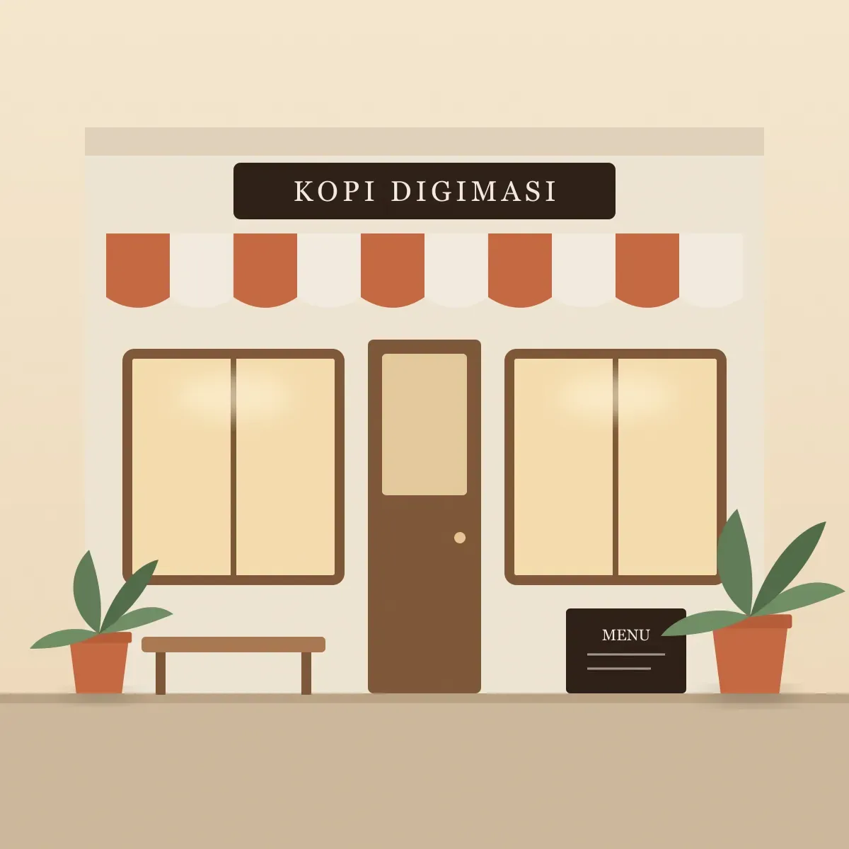 Tampak depan kedai Kopi Digimasi dengan tenda bergaris, bangku kayu, dan papan menu